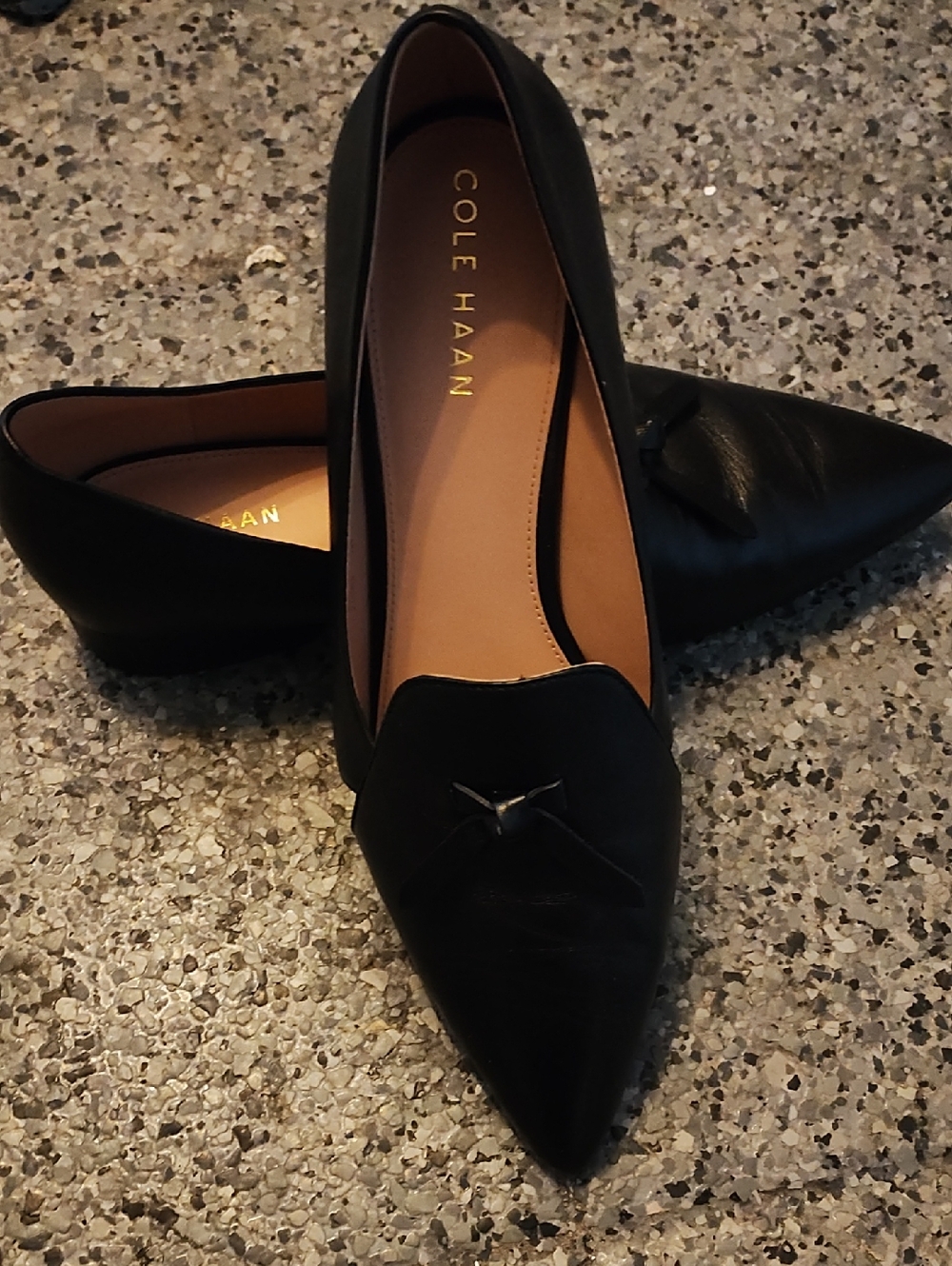 Cole Haan Black Pointed Toe Leather Flats with Knot Detail